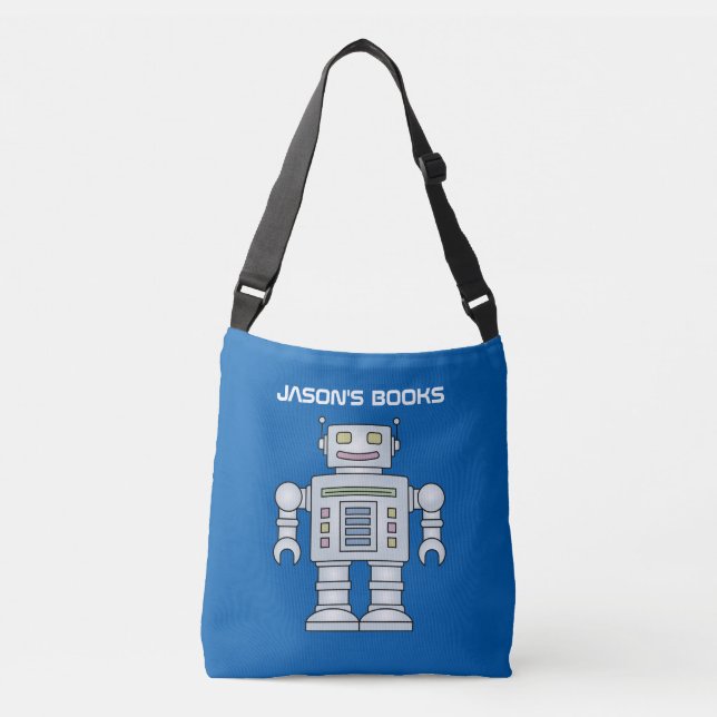 Kids toy robot personalised library book tote bag (Front)
