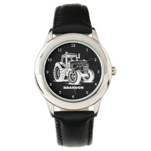 Kids Tractor Boys Black Custom Name Watch