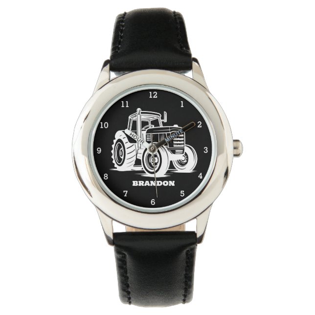 Kids Tractor Boys Black Custom Name Watch (Front)