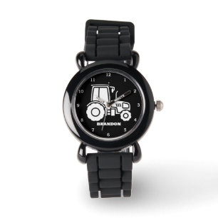 Kids Tractor Boys Black Custom Name Watch