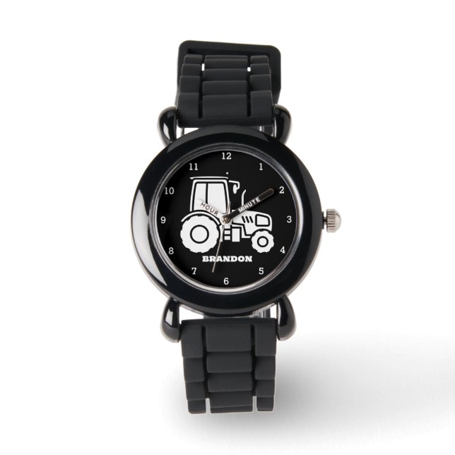 Kids Tractor Boys Black Custom Name Watch (Front)