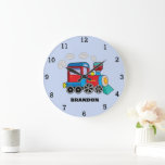 Kids Train Boys Blue Custom Name Large Clock<br><div class="desc">Blue,  train,  transport,  locomotive,  vehicle,  watch for kids. Custom,  Kids,  Name,  steel blue boys clock. Personalise it with your child's name.</div>