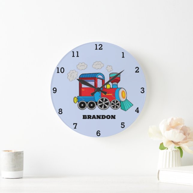 Kids Train Boys Blue Custom Name Large Clock (Home)