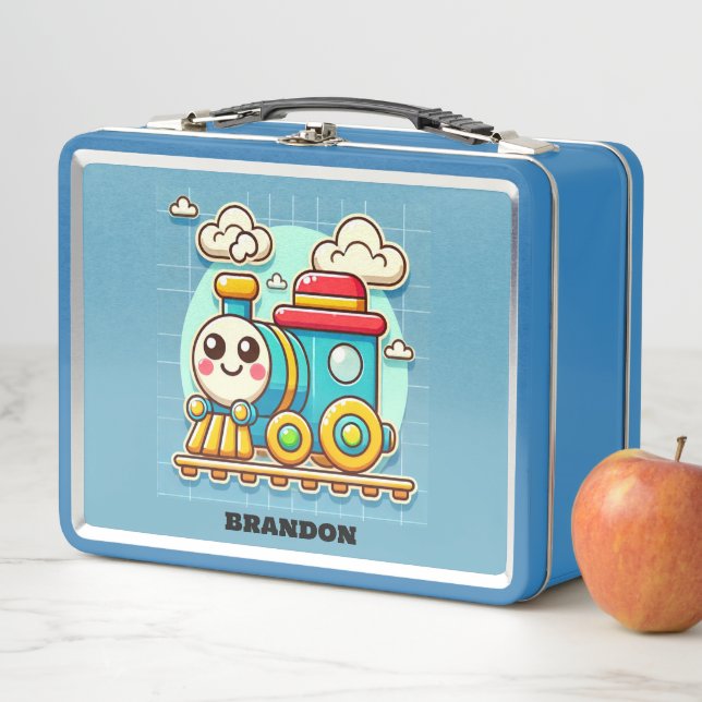 Kids Train Boys Blue Custom Name Metal Lunch Box (In Situ)