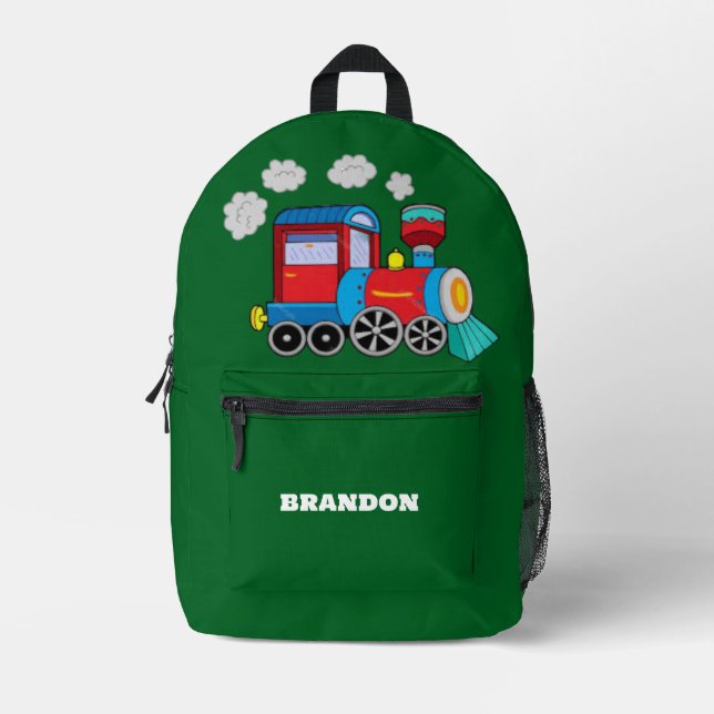 Kids Train Boys Blue Custom Name Printed Backpack (Front)