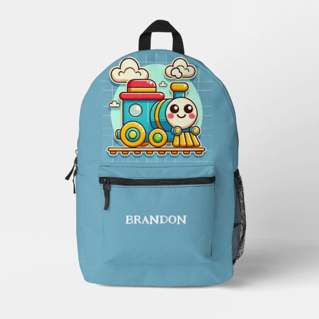 Kids Train Boys Blue Custom Name Printed Backpack (Front)