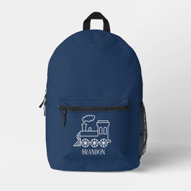 Kids Train Boys Blue Custom Name Printed Backpack (Front)