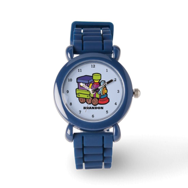 Kids Train Boys Blue Custom Name Watch (Front)