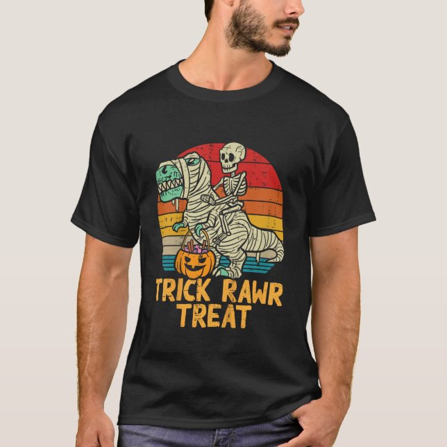 Kids Trick Rawr Treat Skeleton Trex Dino Toddler B T-Shirt (Front)
