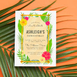 Kids' Tropical Bamboo Frame Luau Birthday Party Invitation Postcard<br><div class="desc">This fun invite features a bamboo frame with a stretched canvas. There are tropical leaves and colourful, exotic flowers peeping through from behind. To change the party details, simply type your custom text into the template boxes. These postcards reverse to a pale pink colour. This design is perfect for both...</div>