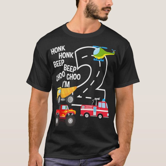 Kids Trucks 2nd Birthday Party Toddler I'm 2 Year  T-Shirt (Front)