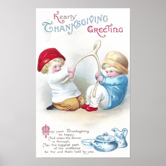 Kids Tug on Giant Wishbone Vintage Thanksgiving Poster (Front)