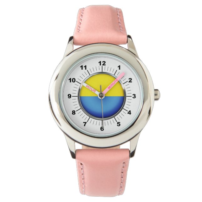 Kid's Ukraine flag Pink Leather Strap Watch (Front)