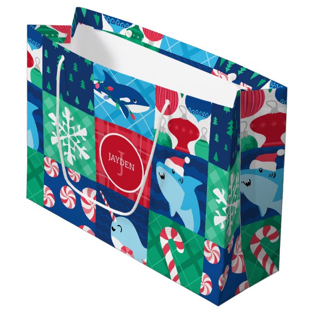 Kids Under The Sea Christmas Patchwork Large Gift Bag (Front Angled)