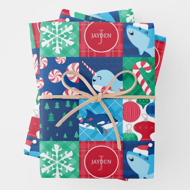 Kids Under The Sea Christmas Patchwork Wrapping Paper Sheet (In situ)