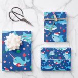 Kids Under The Sea Christmas Patchwork Wrapping Paper Sheet<br><div class="desc">Kids Narwhal Shark Under The Sea Christmas Wrapping Paper. Narwhal,  shark,  whale under the sea themed red,  green and blue holiday pattern with peppermints,  candy canes and ornaments.</div>