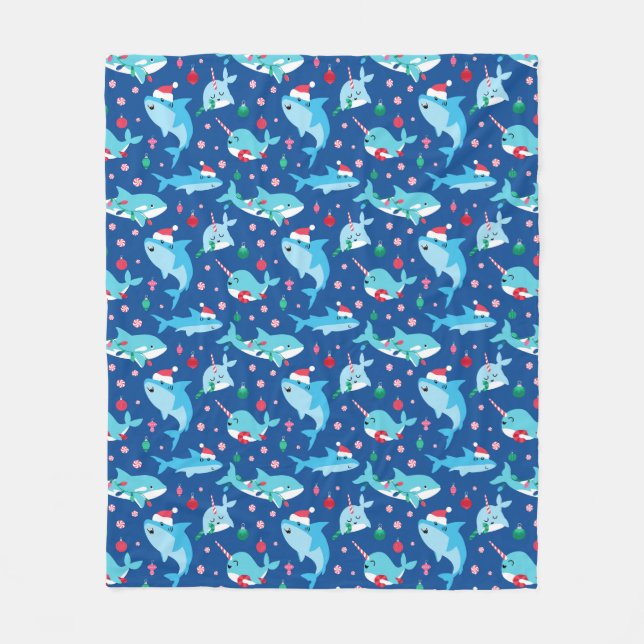 Kids Under The Sea Christmas Shark Narwhal Fleece Blanket (Front)