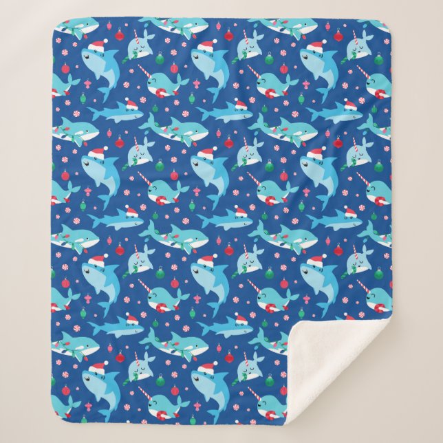 Kids Under The Sea Christmas Shark Narwhal Sherpa Blanket (Front)