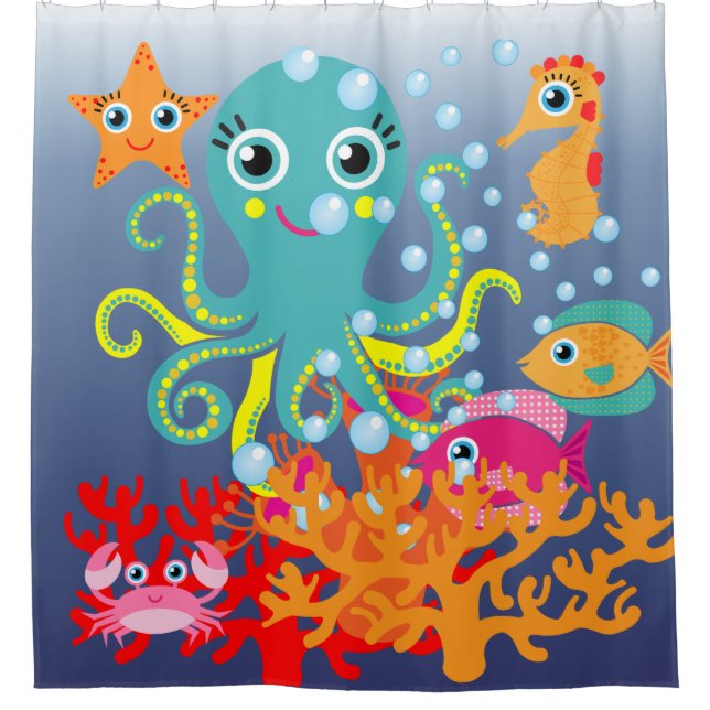 Kids Under the Sea Ocean Aquatic Octopus Fish Shower Curtain (Front)