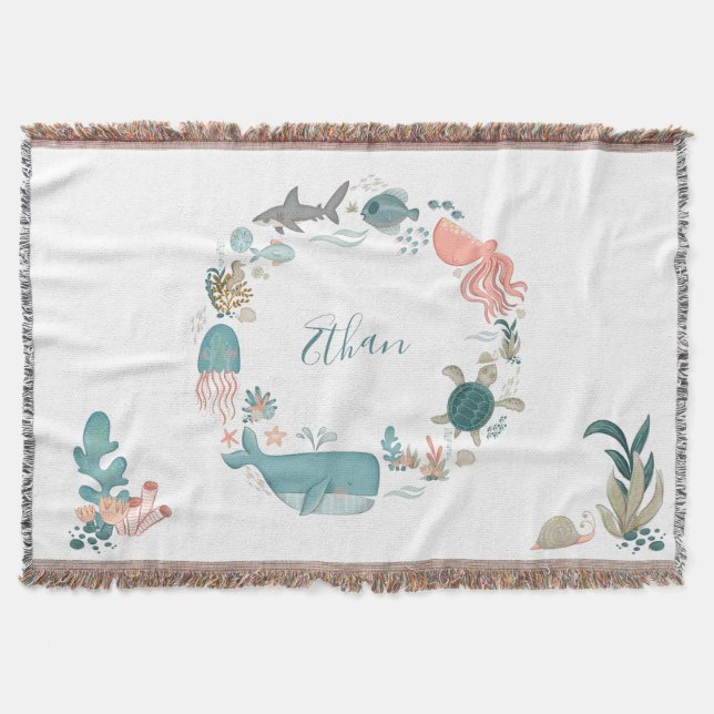 Kids Under the Sea Personalised Name Watercolor Throw Blanket (Front)