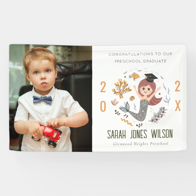 Kids Underwater Mermaid Photo Preschool Graduation Banner (Horizontal)