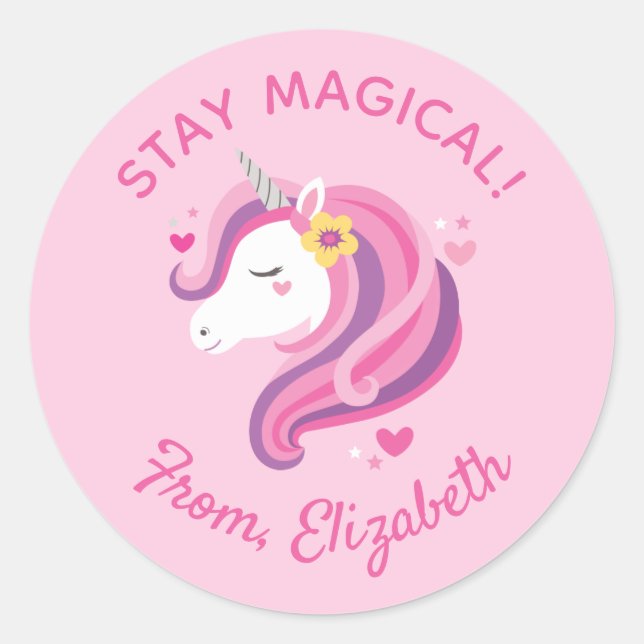 Kids Unicorn Face Pink Valentines Day Classroom Classic Round Sticker (Front)