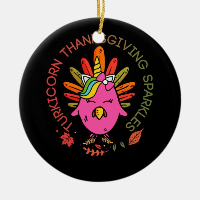 Kids Unicorn Turkey Funny Thanksgiving Girls Gift Ceramic Tree Decoration (Front)