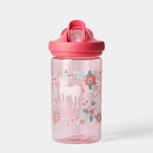 Kids Unicorns and Flowers With Name Water Bottle