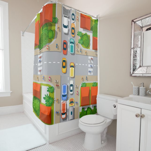 Kids Urban Traffic Jam Shower Curtain (In Situ)