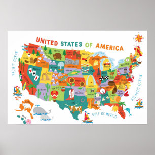 Kids US Map Whimsical Cartoon Art United States Poster
