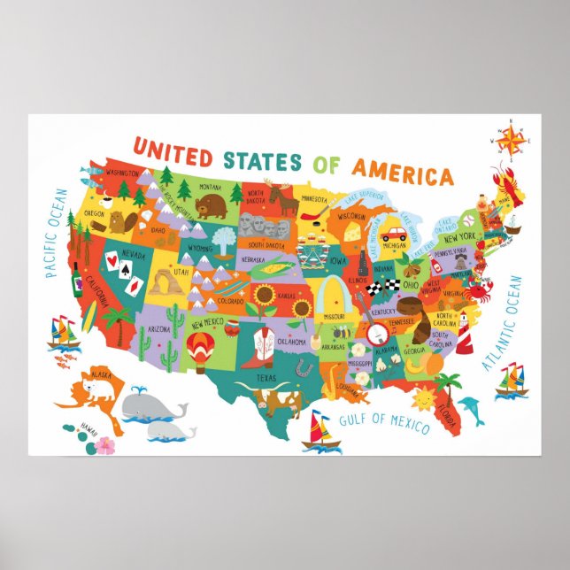 Kids US Map Whimsical Cartoon Art United States Poster (Front)