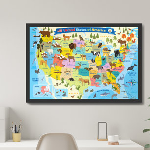 Kids US Map Whimsical Cartoon Art United States Poster