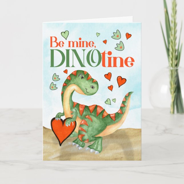Kid's Valentine T-Rex Dinosaur Be Mine DINOtine Holiday Card (Front)