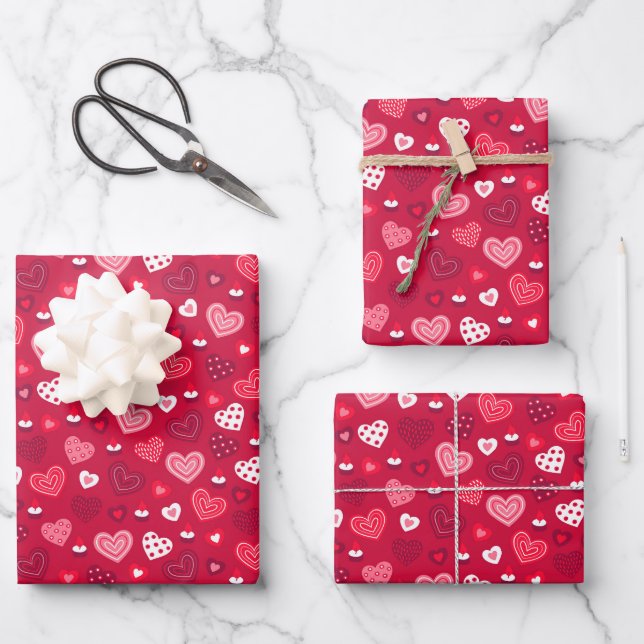Kids Valentine's Day Big Red White Pink Hearts Wrapping Paper Sheet (Front)
