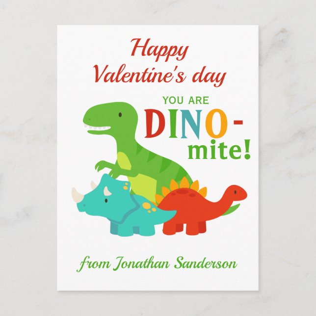 Kids Valentines Day Dinosaur Dino-mite Colourful  Postcard (Front)