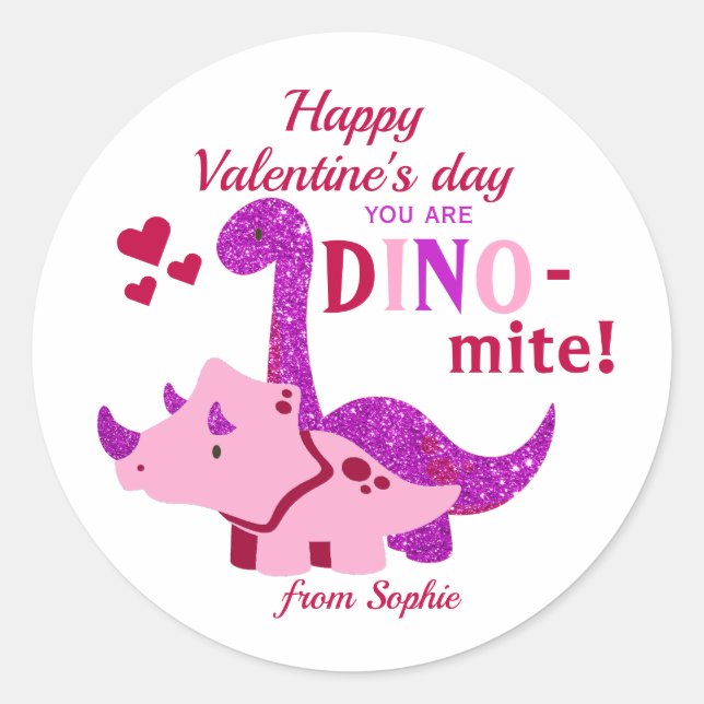 Kids Valentines Day Girly Dinosaur Dino-mite  Classic Round Sticker (Front)