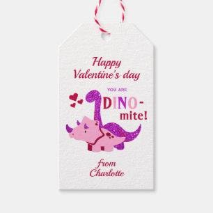 Kids Valentines Day Girly Dinosaur Dino-mite  Gift Tags
