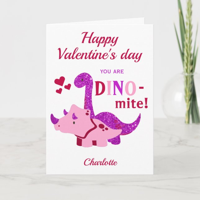 Kids Valentines Day Girly Dinosaur Dino-mite Holiday Card (Front)