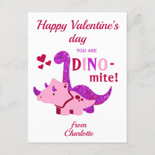 Kids Valentines Day Girly Dinosaur Dino-mite  Postcard