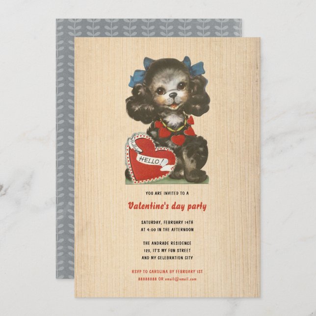 Kids Valentine's Day Holiday Cute Dog Retro Simple Invitation (Front/Back)