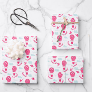Kids Valentine's Day Hot Air Balloons Clouds Wrapping Paper Sheet