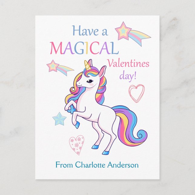Kids Valentines Day Magical Unicorn Postcard (Front)