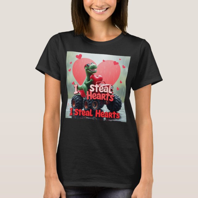 Kids Valentines Day Monster Truck TRex I Steal Hea T-Shirt (Front)