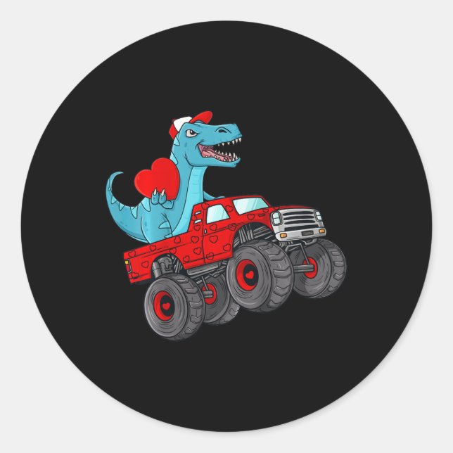 Kids Valentines Day T Rex Riding Monster Truck Fun Classic Round Sticker (Front)