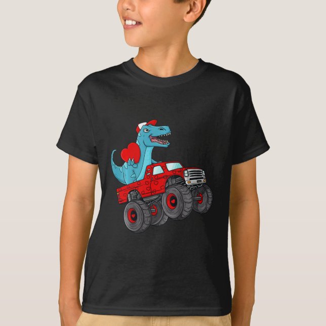 Kids Valentines Day T Rex Riding Monster Truck Fun T-Shirt (Front)