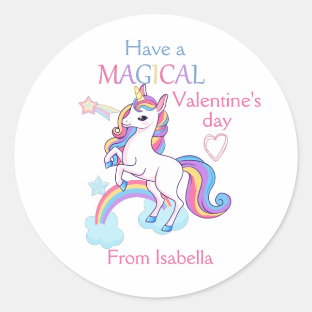 Kids Valentine's Day Unicorn Pink Magical  Classic Round Sticker (Front)