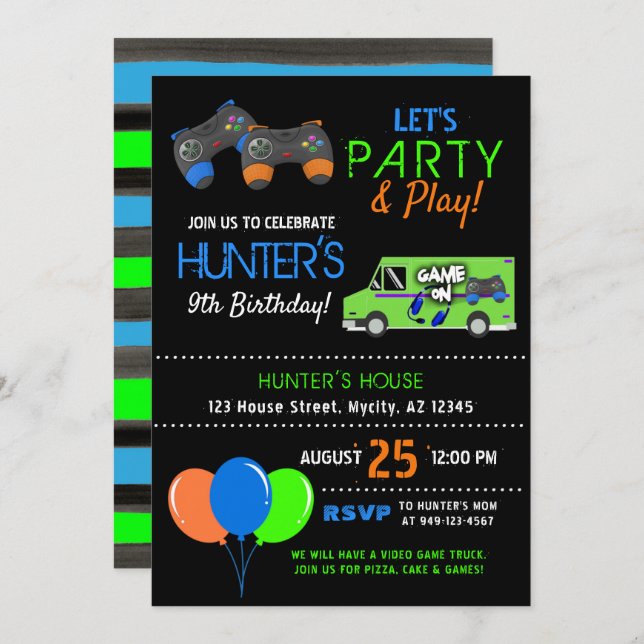 Kid's Video Game Truck Birthday Invitation (Front/Back)