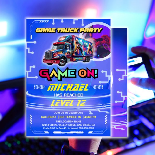Kids Video Game Truck Birthday Party Invitation (Kids Video Game Truck Birthday Party Invitation)