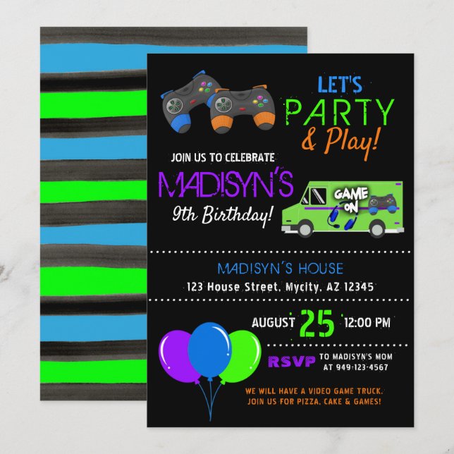 Kid's Video Game Truck Girl's Birthday Invitation (Front/Back)