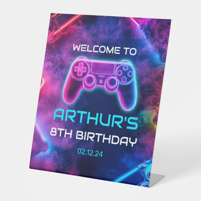 Kids Video Gaming Birthday Party Pedestal Sign (Front)